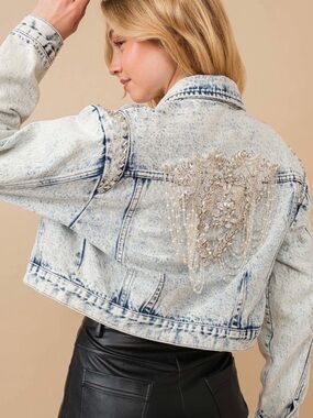 Beaded Acid-Wash Denim Cropped Jacket - Light Blue